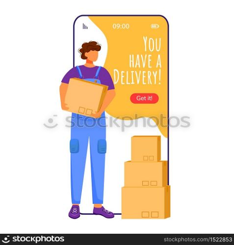 You have delivery cartoon smartphone vector app screen. Parcel tracking notification. Man with packages. Mobile phone displays with flat character design mockup. Application telephone cute interface
