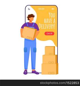 You have delivery cartoon smartphone vector app screen. Parcel tracking notification. Man with packages. Mobile phone displays with flat character design mockup. Application telephone cute interface