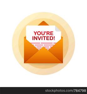 You're invited! Badge icon. Written Inside An Envelope Letter. Vector stock illustration.