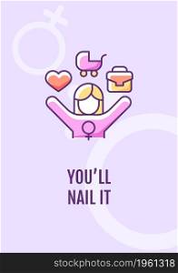 You will nail it greeting card with color icon element. Happy international womens day. Postcard vector design. Decorative flyer with creative illustration. Notecard with congratulatory message. You will nail it greeting card with color icon element