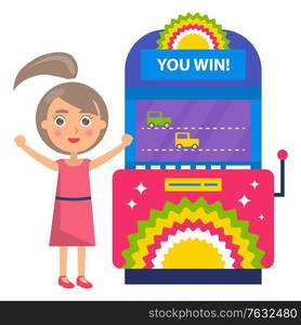 You win race, winner woman playing game machine. Female with rising hands standing near colorful gambling equipment, joystick with screen and player. Vector illustration in flat cartoon style. Woman Playing Race on Game Machine, Gamble Vector