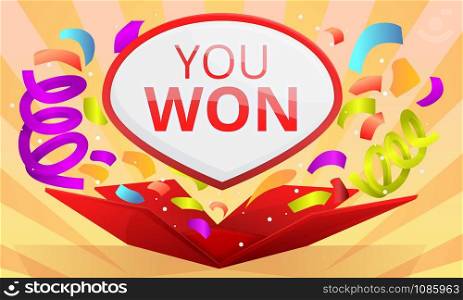 You won contest concept banner. Cartoon illustration of you won contest vector concept banner for web design. You won contest concept banner, cartoon style