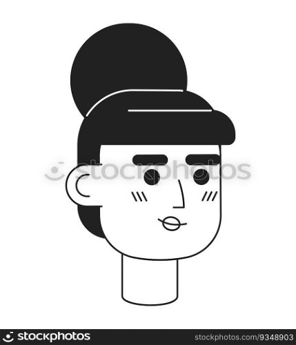 Young adult caucasian businesswoman monochrome flat linear character head. Female secretary. Editable outline hand drawn human face icon. 2D cartoon spot vector avatar illustration for animation. Young adult caucasian businesswoman monochrome flat linear character head
