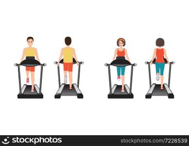 Young adult man and woman running on treadmill, sport fitness, athletics, healthy lifestyle. Cartoon character Vector illustration.