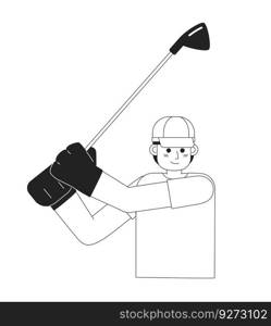 Young adult man golfer swinging with stick monochromatic flat vector character. Happy golfeur. Editable thin line half body person on white. Simple bw cartoon spot image for web graphic design. Young adult man golfer swinging with stick monochromatic flat vector character