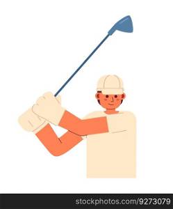Young adult man golfer swinging with stick semi flat colorful vector character. Golf course. Happy golfeur. Editable half body person on white. Simple cartoon spot illustration for web graphic design. Young adult man golfer swinging with stick semi flat colorful vector character