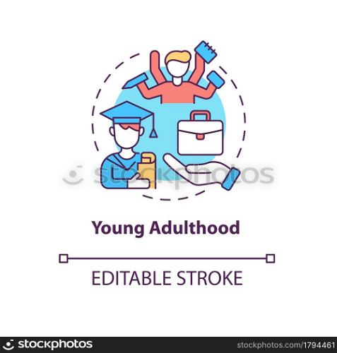 Young adulthood concept icon. Self-research and choosing way. Graduating and life stage. Human development abstract idea thin line illustration. Vector isolated outline color drawing. Editable stroke. Young adulthood concept icon
