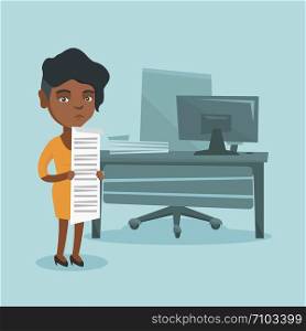 Young african accountant standing in the office with a long bill in hands. Disappointed accountant holding a long bill. Accountant looking at long bill. Vector cartoon illustration. Square layout.. Young african accountant holding long bill.