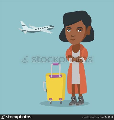 Young african airplane passenger frightened by future flight. Woman suffering from fear of flying. Terrified passenger with suitcase waiting for a flight. Vector cartoon illustration. Square layout.. African woman suffering from fear of flying.