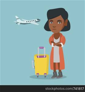Young african airplane passenger frightened by future flight. Woman suffering from fear of flying. Terrified passenger with suitcase waiting for a flight. Vector cartoon illustration. Square layout.. African woman suffering from fear of flying.
