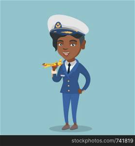 Young african-american airline pilot holding the model of airplane in hand. Female airline pilot wearing uniform and playing with the model of airplane. Vector cartoon illustration. Square layout.. African airline pilot with the model of airplane.
