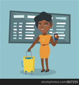 Young african-american airplane passenger waiting for a flight at the airport and holding a passport. Happy woman standing at the airport with a suitcase. Vector cartoon illustration. Square layout.. African airplane passenger holding a passport.