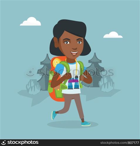 Young african-american backpacker with a backpack and binoculars walking outdoors. Cheerful backpacker hiking in the forest during summer trip. Vector cartoon illustration. Square layout.. Young african-american woman with backpack hiking.