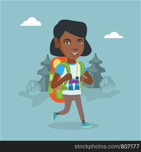 Young african-american backpacker with a backpack and binoculars walking outdoors. Cheerful backpacker hiking in the forest during summer trip. Vector cartoon illustration. Square layout.. Young african-american woman with backpack hiking.