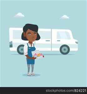 Young african-american baker standing on the background of delivery truck. Female baker holding box with cupcakes. Smiling baker delivering cakes. Vector cartoon illustration. Square layout.. Young african-american baker delivering cakes.
