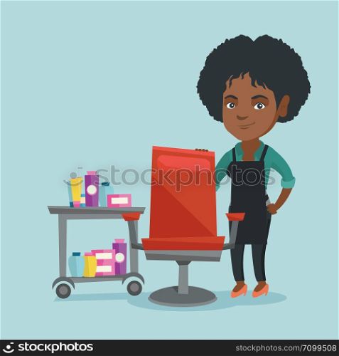 Young african-american barber standing near armchair and table with cosmetics in barber shop. Professional barber standing at workplace in barber shop. Vector cartoon illustration. Square layout.. Young african barber at workplace in barber shop.