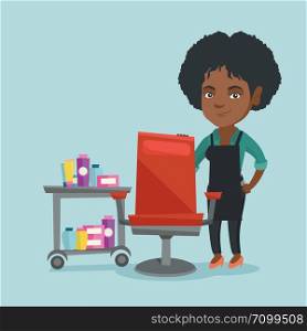 Young african-american barber standing near armchair and table with cosmetics in barber shop. Professional barber standing at workplace in barber shop. Vector cartoon illustration. Square layout.. Young african barber at workplace in barber shop.