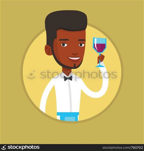 Young african-american bartender holding a glass of red wine in hand. Bartender at work. Bartender examining red wine in glass. Vector flat design illustration in the circle isolated on background.. Bartender holding a glass of wine in hand.