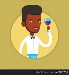 Young african-american bartender holding a glass of red wine in hand. Bartender at work. Bartender examining red wine in glass. Vector flat design illustration in the circle isolated on background.. Bartender holding a glass of wine in hand.