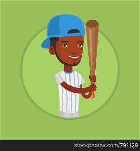 Young african-american baseball player in uniform. Baseball player standing with a bat. Professional baseball player in action. Vector flat design illustration in the circle isolated on background.. Baseball player with bat vector illustration.