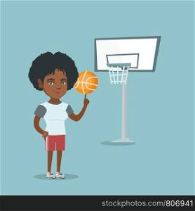 Young african-american basketball player spinning a ball on finger. Professional basketball player standing on the basketball court with a ball. Vector cartoon illustration. Square layout.. Young african basketball player spinning a ball.
