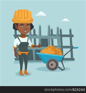 Young african-american builder in hard hat standing on the background of construction site and giving thumb up. Builder standing near wheelbarrow with sand. Vector cartoon illustration. Square layout.. Young african-american builder giving thumb up.