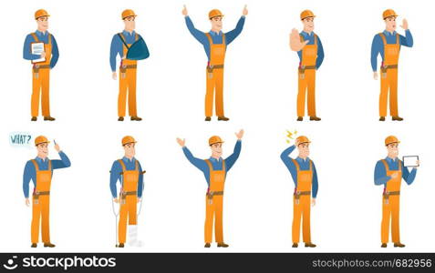 Young african-american builder with question what in speech bubble. Full length of smiling builder with text what in speech bubble. Set of vector flat design illustrations isolated on white background. Vector set of builder characters.