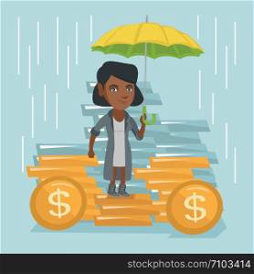 Young african-american business insurance agent holding umbrella over golden coins. Business insurance and business protection concept. Vector cartoon illustration. Square layout.. African business insurance agent with umbrella.