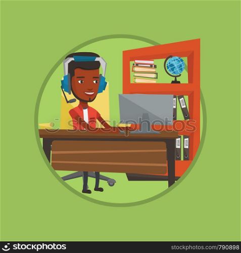 Young african-american business man during video conference in office. Business man wearing headset and working on a computer. Vector flat design illustration in the circle isolated on background.. Businessman with headset working at office.