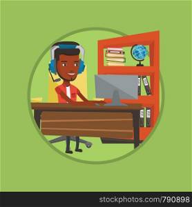 Young african-american business man during video conference in office. Business man wearing headset and working on a computer. Vector flat design illustration in the circle isolated on background.. Businessman with headset working at office.
