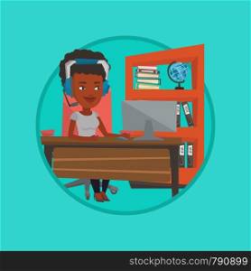 Young african-american business woman during video conference in office. Business woman wearing headset and working on a computer. Vector flat design illustration in the circle isolated on background.. Business woman with headset working at office.