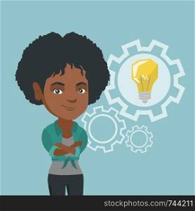 Young african-american business woman having a creative idea. Business woman with a business idea light bulb in a cogwheel. Successful business idea concept. Vector cartoon illustration. Square layout. African woman with a business idea bulb in gear.