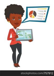 Young african-american business woman presenting report on digital tablet. Business woman pointing at the charts on tablet computer screen. Vector flat design illustration isolated on white background. Businesswoman presenting report on tablet computer