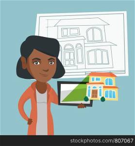 Young african-american business woman showing a digital tablet with a house photo. Real estate agent holding a digital tablet with a house photo. Vector cartoon illustration. Square layout.. Woman showing a digital tablet with house photo.