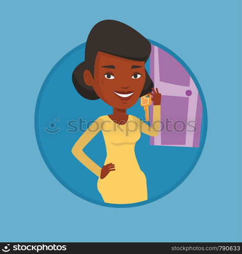 Young african-american business woman showing key on the background of door. Concept of making the right decision in business. Vector flat design illustration in the circle isolated on background.. Making the right decisions in business.