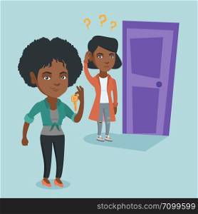 Young african-american business woman showing key on the background of young woman looking at the door. Concept of making the right decision in business. Vector cartoon illustration. Square layout.. Making the right decisions in business.