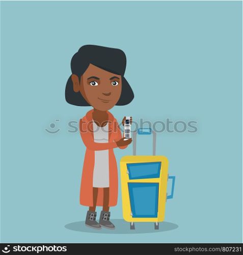 Young african-american business woman showing travel insurance tag. Business class passenger standing next to the suitcase and holding priority luggage tag. Vector cartoon illustration. Square layout. African business woman showing a luggage tag.