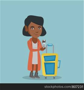 Young african-american business woman showing travel insurance tag. Business class passenger standing next to the suitcase and holding priority luggage tag. Vector cartoon illustration. Square layout. African business woman showing a luggage tag.