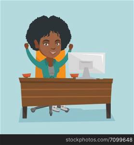 Young african-american business woman sitting at the table in the office and celebrating business success with raised hands. Business success concept. Vector cartoon illustration. Square layout.. Successful business woman celebrating success.