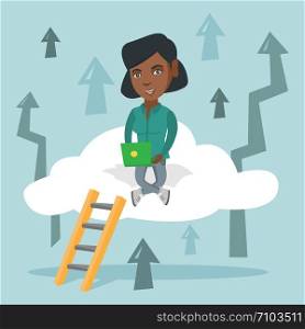 Young african-american business woman sitting on the cloud and working on laptop. Business woman using cloud computing technology. Cloud computing concept. Vector cartoon illustration. Square layout.. Young business woman sitting on cloud with laptop.