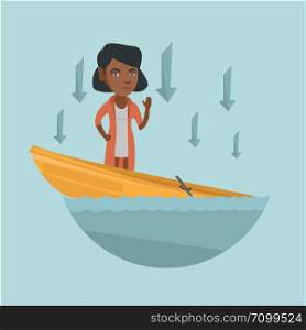 Young african-american business woman standing in sinking boat, asking for help and arrows behind her pointing down symbolizing business bankruptcy. Vector cartoon illustration. Square layout.. African business woman standing in sinking boat.