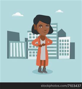 Young african-american business woman standing on the background of city business buildings and taking off her coat like a superhero. Vector cartoon illustration. Square layout.. Business woman opening her coat like superhero.