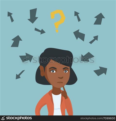 Young african-american business woman standing under question mark and arrows and thinking. Thoughtful businesswoman surrounded by question mark and arrows. Vector cartoon illustration. Square layout.. Young african-american business woman thinking.