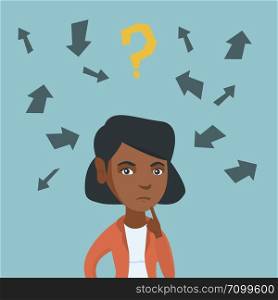 Young african-american business woman standing under question mark and arrows and thinking. Thoughtful businesswoman surrounded by question mark and arrows. Vector cartoon illustration. Square layout.. Young african-american business woman thinking.
