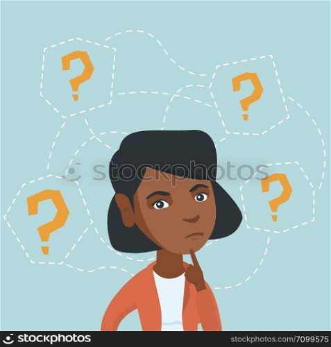 Young african-american business woman thinking. Thinking business woman standing under question marks. Thinking business woman surrounded by question marks. Vector cartoon illustration. Square layout.. Young african-american business woman thinking.