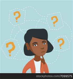 Young african-american business woman thinking. Thinking business woman standing under question marks. Thinking business woman surrounded by question marks. Vector cartoon illustration. Square layout.. Young african-american business woman thinking.