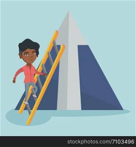 Young african-american business woman using a ladder to climb the mountain with arrow going up. Business woman climbing upward on the top of mountain. Vector cartoon illustration. Square layout.. African business woman climbing the mountain.