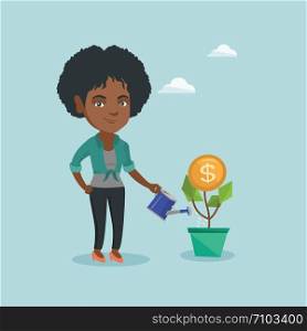 Young african-american business woman watering money flower with coin what symbolizes money investment in business project. Business investment concept. Vector cartoon illustration. Square layout.. African business woman watering money flower.