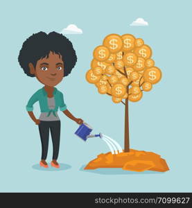 Young african-american business woman watering money tree with gold coins what symbolizes money investment in business project. Business investment concept. Vector cartoon illustration. Square layout.. African business woman watering money tree.