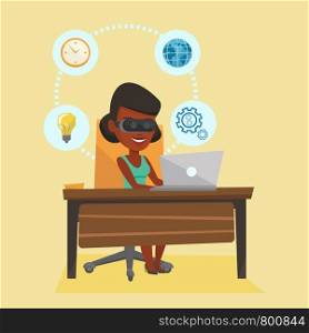 Young african-american business woman wearing virtual reality headset and working on computer. Business woman using virtual reality device in office. Vector flat design illustration. Square layout.. Business woman in vr headset working on computer.